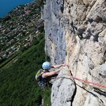 Multi pitch climbing route above Annecy lake (Haute-Savoie)